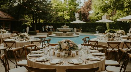 Outdoor wedding reception. Tables with linens, flowers, and settings around a pool with a fountain