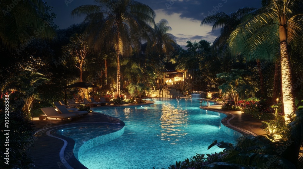 Poster A pool with palm trees in the background