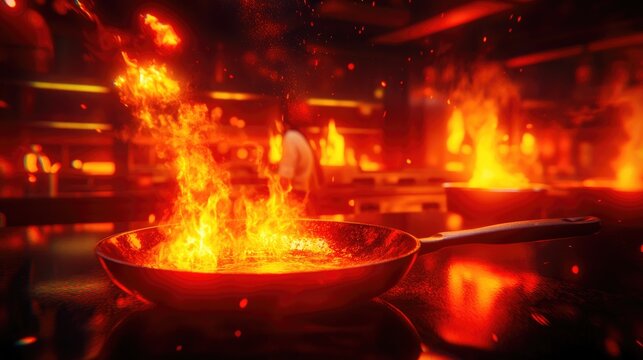 Vibrant restaurant kitchen scene with chefs cooking over open flames, a frying pan sizzling with vibrant flames, highlighting a dynamic culinary environment.