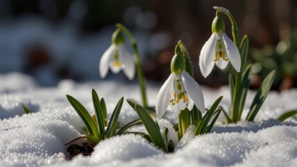 Close-up of snowdrops blooming in early spring sunlight, surrounded by melting snow.