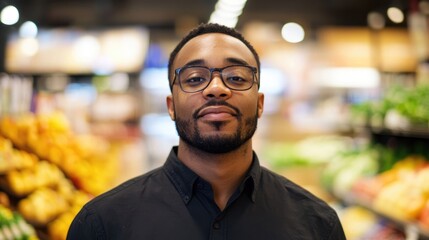 Fototapeta premium Male employee wearing glasses smiling confidently with a grocery store backdrop featuring vibrant produce and warm lighting.