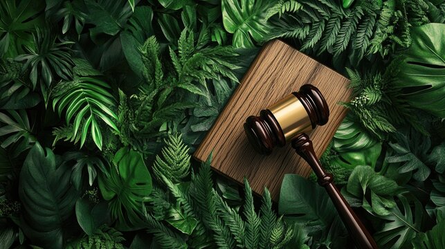 Judge's gavel resting on a wooden block surrounded by vibrant green foliage, symbolizing justice, accountability, and the notion of clemency in law.