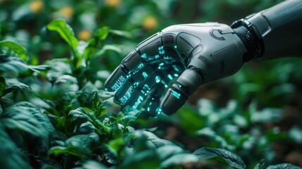 Futuristic robotic hand interacting with vibrant green crops, showcasing advanced AI technology and sensor data integration for optimized farming and crop management.