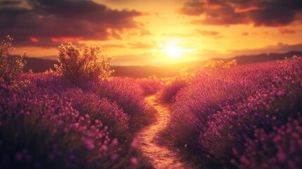 A field of blooming lavender under a golden sunset, with a digital