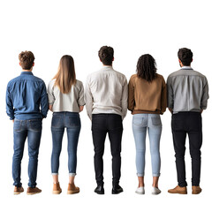 Obraz premium Diverse group of people standing together from behind, isolated on transparent background.