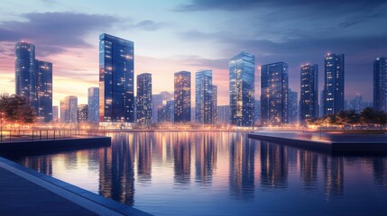 Obraz premium A modern cityscape at dusk, showcasing skyscrapers with digital