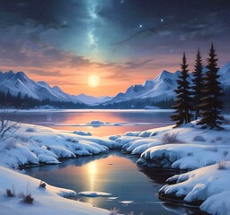 Illustration of winter landscape with frozen lake and starry sky.