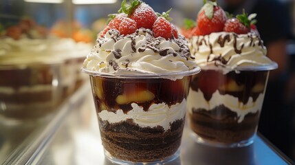 Layered dessert in glass cups showcasing rich chocolate sponge cake, fluffy whipped cream, vibrant fruit jelly, and topped with fresh strawberries and chocolate drizzle