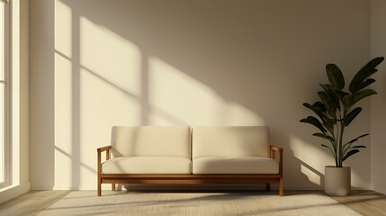 A minimalist living room features a light beige couch with a wooden frame, a large potted plant, and a rug, all bathed in warm sunlight streaming through a nearby window.