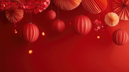 Obraz premium Festive red backdrop featuring hanging paper lanterns and floral decorations for celebratory occasions and events