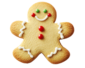 a gingerbread man with white icing and red and green dots
