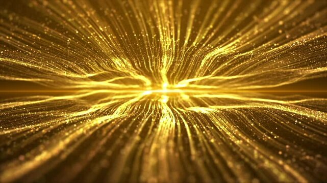 Golden light stripes flow, accompanied by some jumping particles. The golden particle light undulates and flows like waves, used for award ceremonies and stage performances.