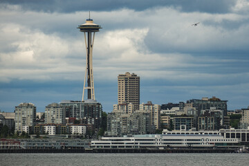 Breathtaking panoramic view onto Seattle skyline downtown highrise scenery with harbor port...