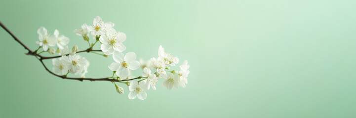 Obraz premium Close-up of white flowering branch with green leaves on soft green background.