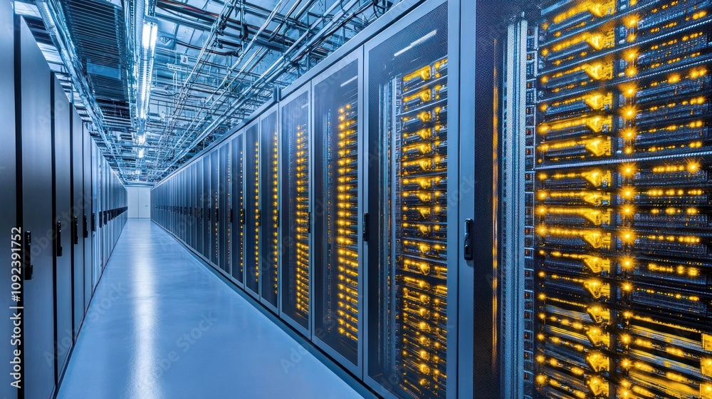 Poster Illuminated Server Racks In Modern Data Center Corridor