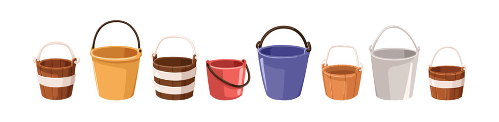 Buckets set. Metal, wooden and plastic containers with handles for household, gardening. Empty modern and old pails, domestic mop tools. Flat vector illustration isolated on white background © Good Studio