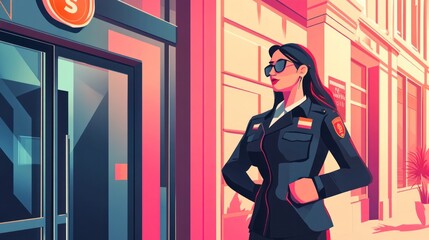 A woman security agent observing a bank entrance, dressed in a formal uniform and maintaining a vigilant presence
