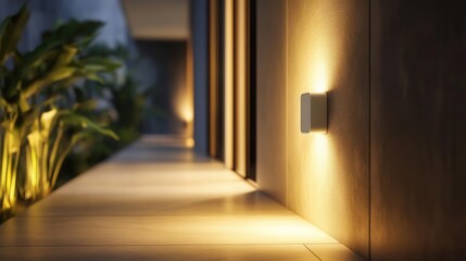 Motion sensor light activating in a dim hallway, illuminating the space with soft light, concept of safety and smart home features
