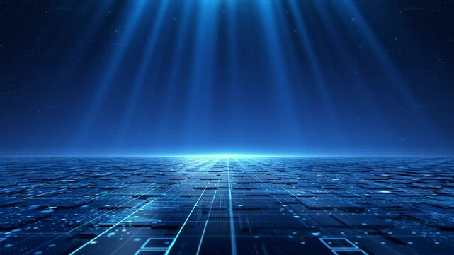 Blue technology block horizon moves forward continuously with grids and lines. There is flowing light at the top, future technological background, you can place on it your logo or text in the top.