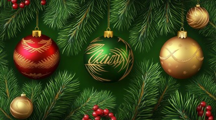 Fototapeta premium Three Christmas ornaments hanging from a tree branch