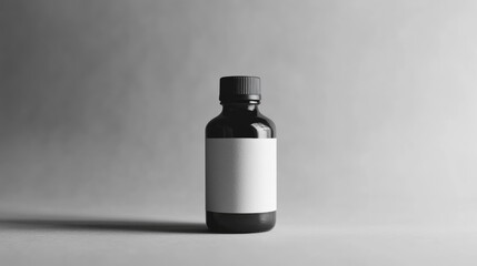 Black plastic bottle with a blank label on a gray backdrop, symbolizing straightforwardness with its minimalist design and focus on addressing key issues.