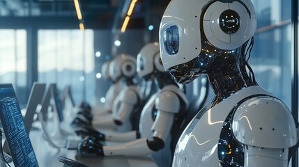 Robots at computers symbolize ai-driven customer service automation.