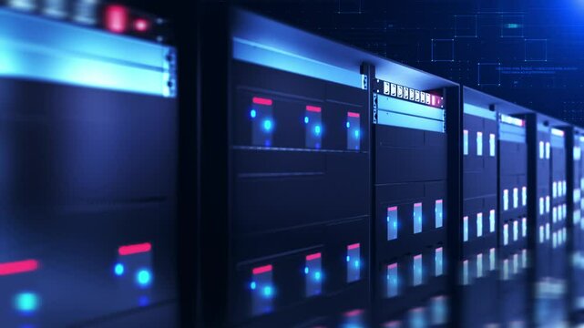 Multiple servers lined up in rows in a server room, displaying blinking lights and working to process data.