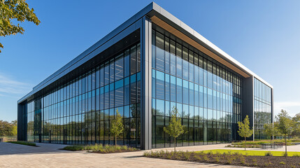 Obraz premium Modern law firm building with tall glass windows and metal frame - Daylight casting reflections, sophisticated and sleek look