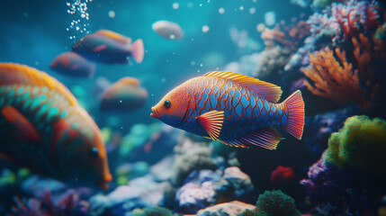 Fototapeta premium Group of colorful fish swimming through coral reef