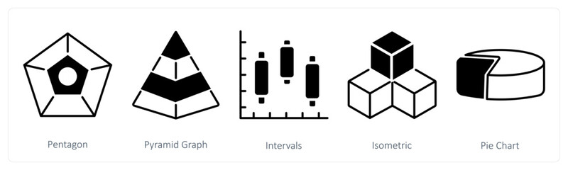 A set of 5 Diagram icons as pentagon, pyramid graph, intervals