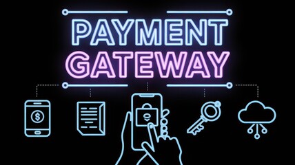 Fototapeta premium Payment Gateway Icon Symbols on Dark Background Representing Digital Online Transaction Cashless Payment Ecommerce and Finance Concepts
