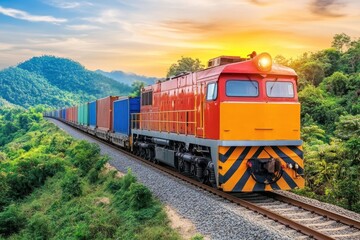Obraz premium Colorful Freight Train Moving Through Scenic Landscape at Sunset with Mountains and Greenery in Background Capturing the Beauty of Transportation and Nature Combined