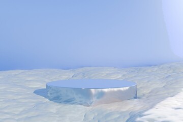 3D metallic glass podium with Light Blue top on a Winter landscape with a big blue wall. Winter scene template for marketing and advertising. Snowy interior display. Winter landscape studio background