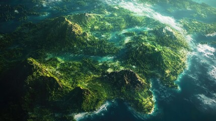 Vibrant Aerial View of Verdant Forests and Lush Greenery Surrounding Majestic Mountains on a Thriving Planet Earth