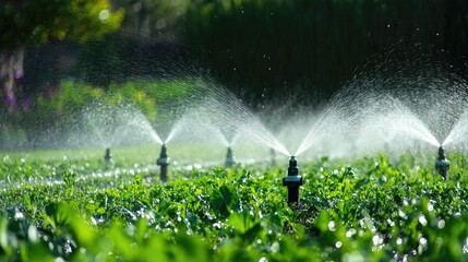 Irrigation system in action with sprinklers evenly distributing water on lush green crops, promoting healthy growth in a vibrant agricultural field.