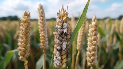 Moldy wheat ears impacted by excessive rainfall showcasing a summer agricultural landscape in a rural farmland setting.