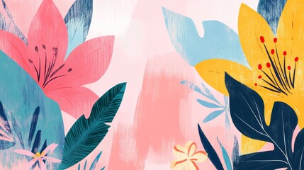 Fototapeta premium A vibrant floral illustration featuring colorful flower and leaves on a soft background.