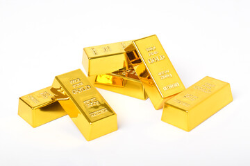 Many shiny gold bars isolated on white background