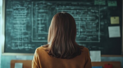 Brunette girl in a brown sweater writing complex math formulas on a chalkboard, emphasizing academic learning and higher education themes.