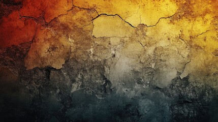 Obraz premium Textured retro gradient background with cracked and weathered surface in warm orange, yellow, and dark blue tones, creating an abstract visual effect.