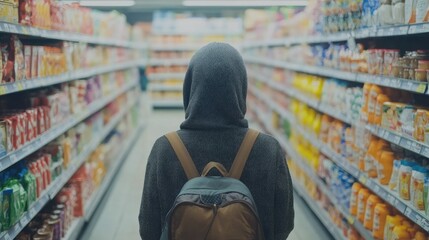 Fototapeta premium Individual in Hoodie Observing Grocery Aisle Surrounded by Colorful Product Shelves with Various Beverages and Snacks