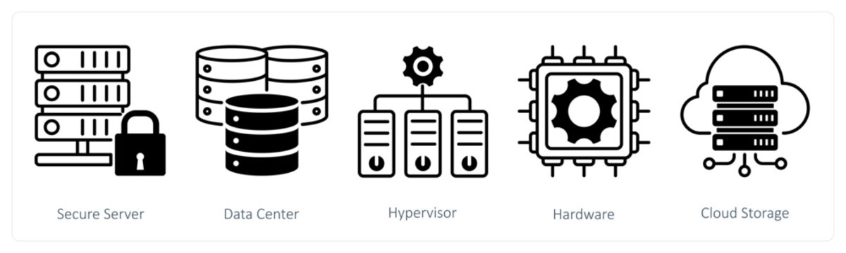 A set of 5 Technology icons as secure server, data center, hypervisor