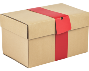 a brown box with a red ribbon