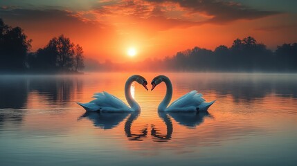 Fototapeta premium Serene Sunset Over Calm Water with Two Swans Forming a Heart Shape, Reflecting the Warm Glow of the Setting Sun in a Tranquil Environment