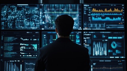 Male data analyst analyzing complex data visualizations and graphs on multiple computer screens in a dark, high-tech workspace