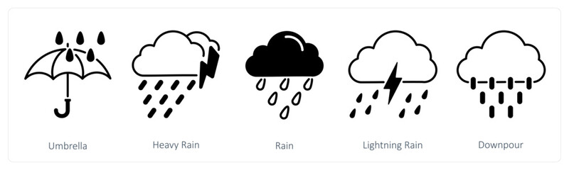 A set of 5 Weather icons as umbrella, heavy rain, rain