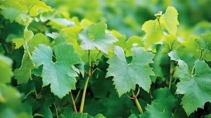 Fototapeta premium Vibrant green grapevines flourish in a lush vineyard with abundant leaves showcasing healthy growth and vitality.