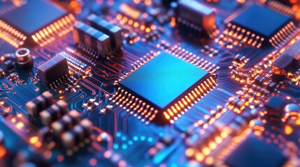 Obraz premium Close-up view of microchip assembly showcasing intricate conductive materials and vibrant circuit patterns in semiconductor technology