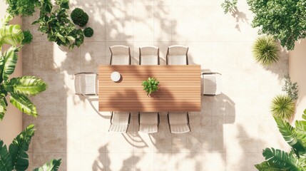 Top view of a patio dining set in icons, with a rectangular table, six chairs, and plants