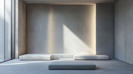 Fototapeta premium Minimalist living room with simple window lighting, zen atmosphere, and elegant, low-profile furniture creating a calm and spacious environment.